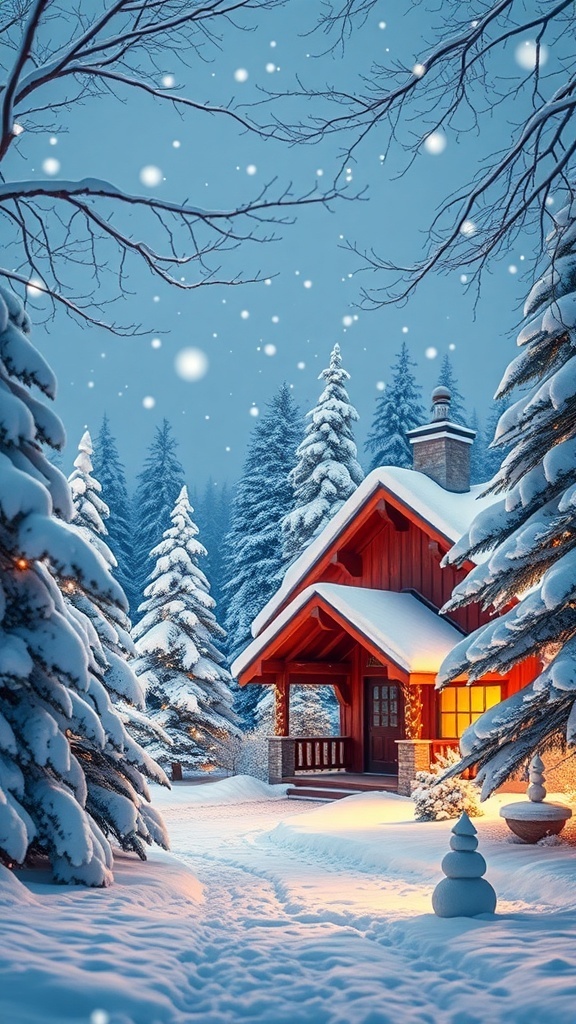 A cozy cabin in a snowy landscape with tall trees and falling snowflakes.
