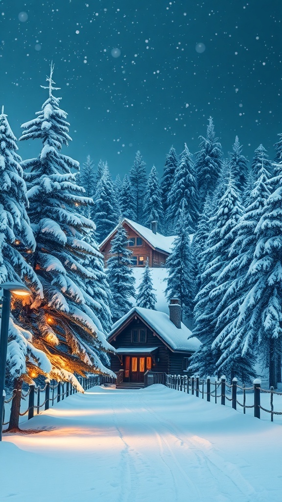 A winter scene featuring a cozy cabin surrounded by snow-covered trees, with snowflakes falling and warm lights glowing.