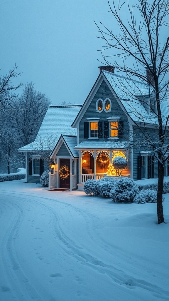A cozy house in a snowy landscape with warm lights and decorative wreaths.