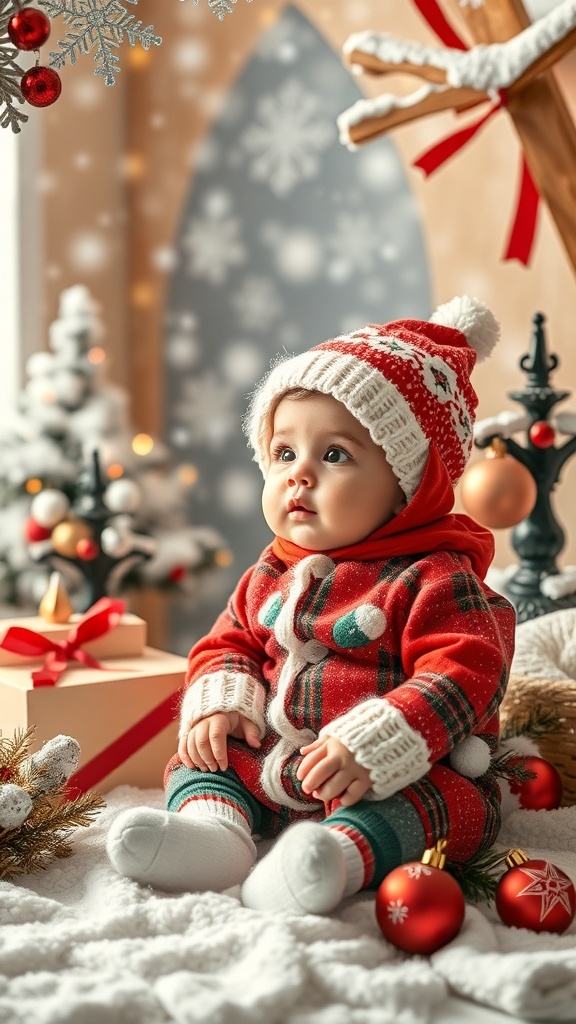 A baby in a festive red outfit sitting in a winter wonderland setting with holiday decorations.