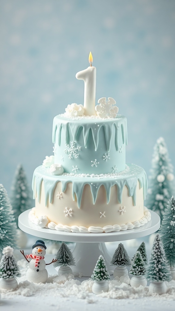 A two-tier winter wonderland themed birthday cake with a number one candle, surrounded by snowflakes, trees, and a snowman.