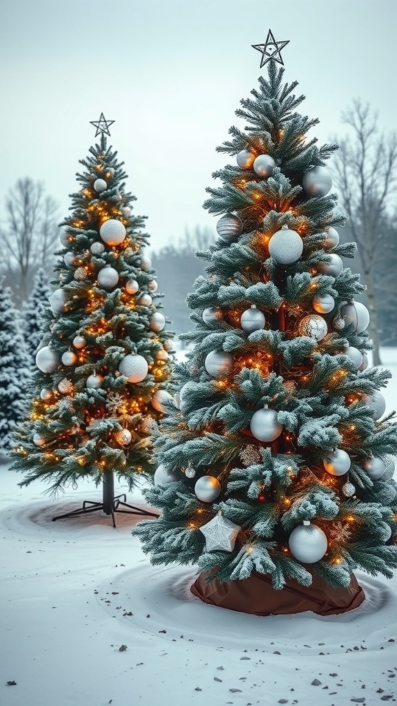 Three Christmas trees decorated with ornaments and lights in a snowy landscape
