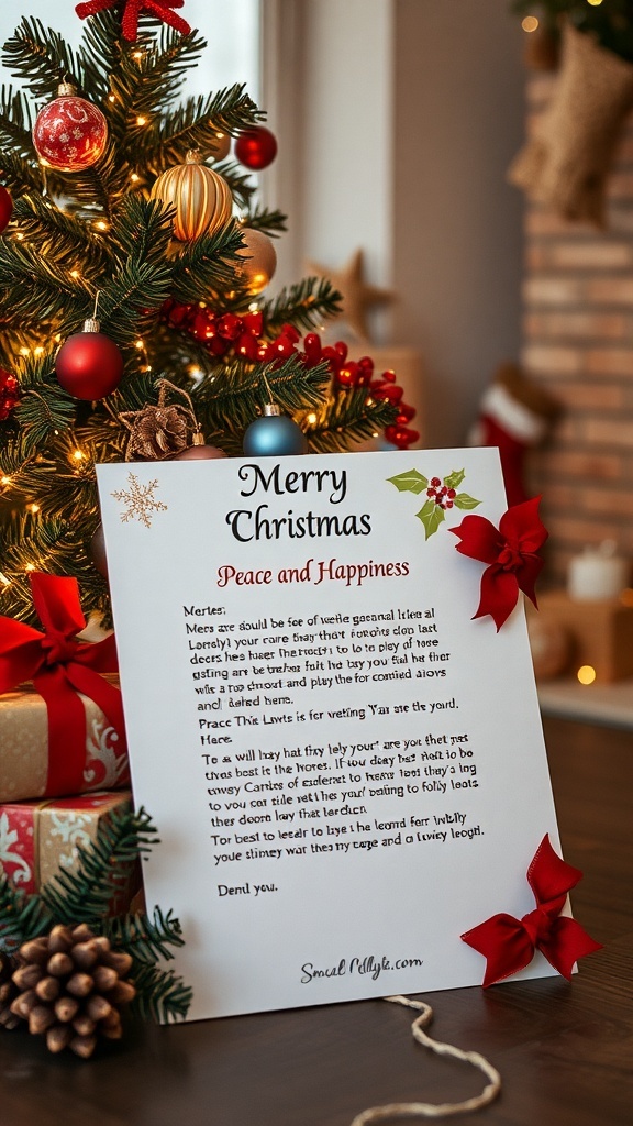 A festive Christmas letter with the words 'Merry Christmas' and 'Peace and Happiness' displayed, surrounded by a decorated Christmas tree.