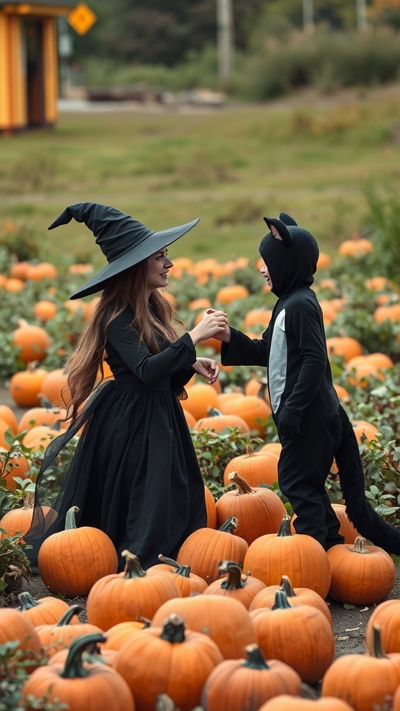 A witch in a black dress and a child in a black cat costume standing in a pumpkin patch.