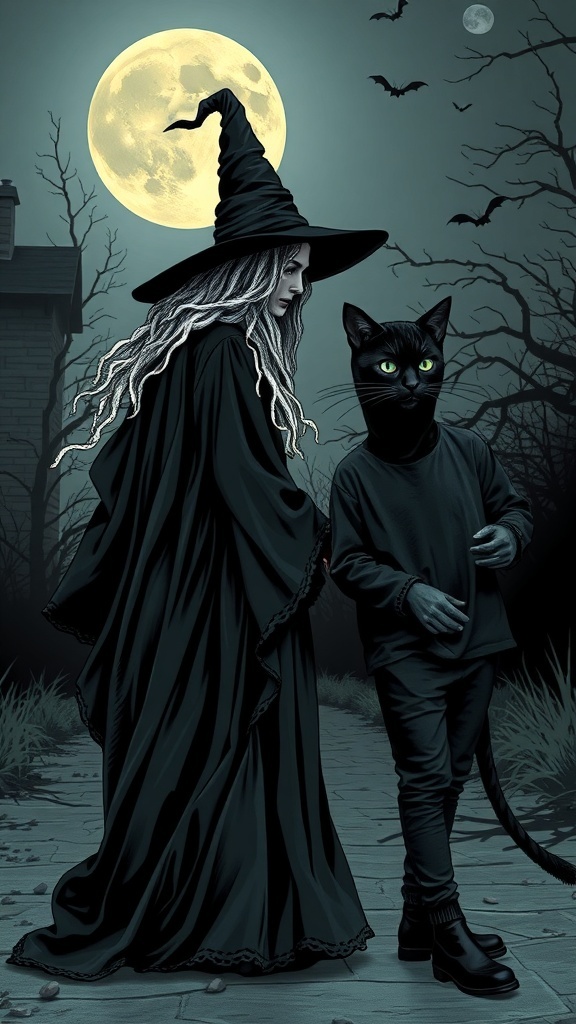 A witch in a black robe and pointed hat walking with a black cat with green eyes under a full moon.