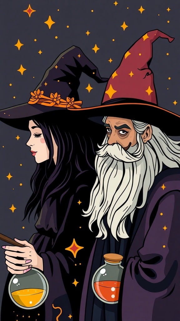 A witch and wizard standing side by side, with stars in the background.