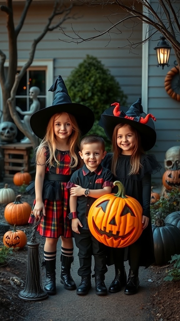 Two girls in witch costumes and a boy holding a pumpkin, surrounded by Halloween decorations