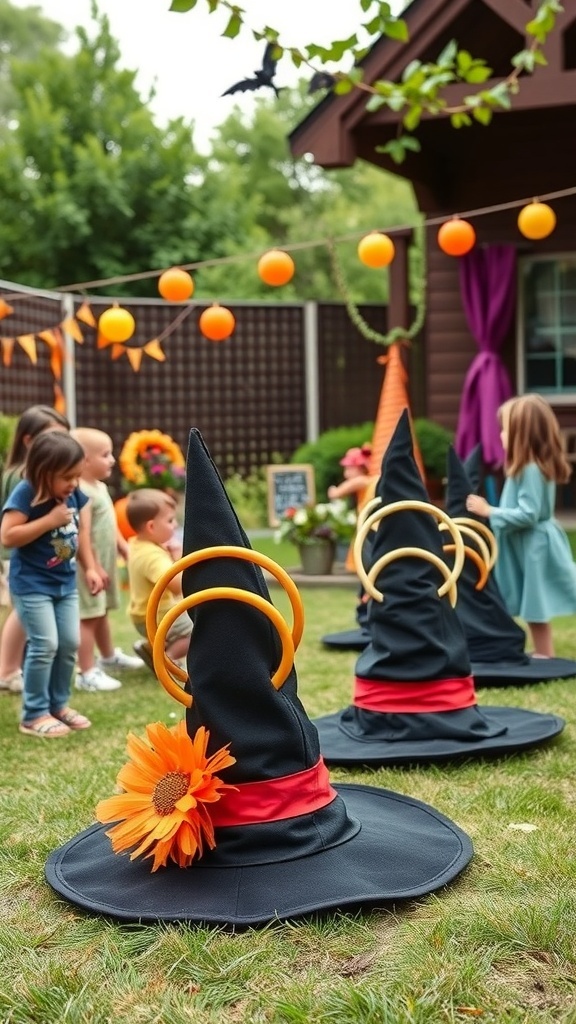 Kids playing Witch Hat Ring Toss game with colorful hats and rings in a backyard setting.