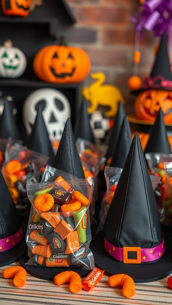 Witch hat treat bags filled with colorful candies, surrounded by Halloween decorations.