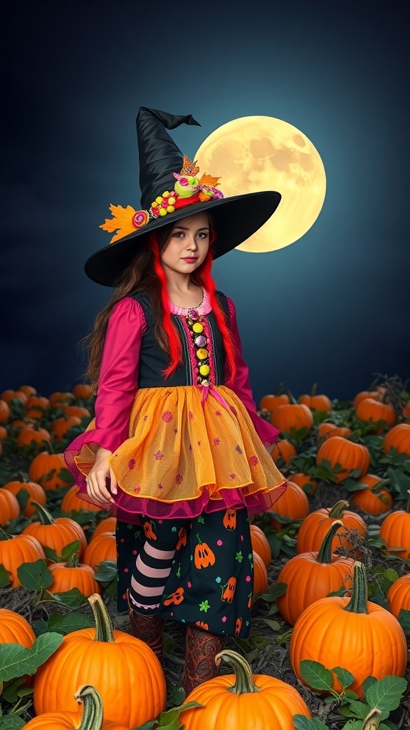 A young girl dressed as a colorful witch standing in a pumpkin patch under a full moon.