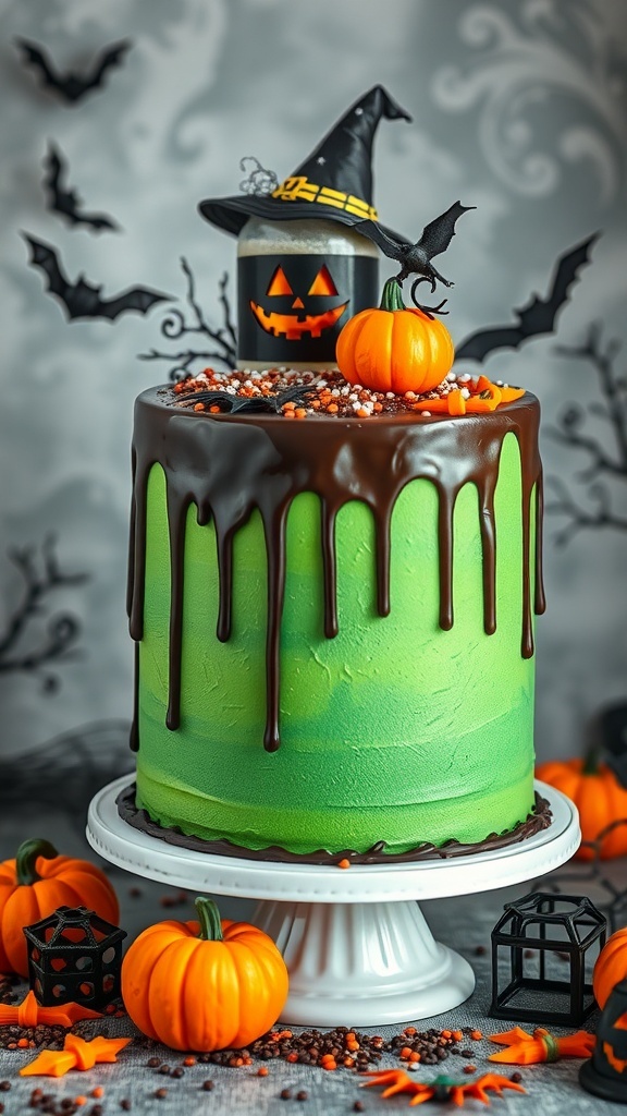 A vibrant green Witch's Brew Cake with chocolate drip, topped with a witch's hat, pumpkin, and Halloween decorations.