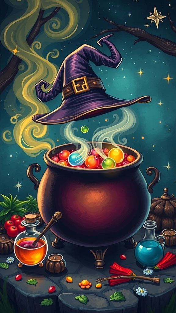 A whimsical Halloween scene featuring a bubbling cauldron, colorful potions, and a witch's hat.