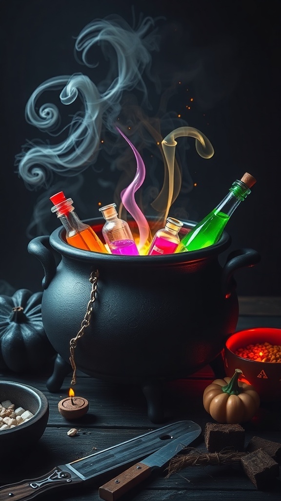 A witch's cauldron with colorful potions and smoke, surrounded by pumpkins and ingredients.