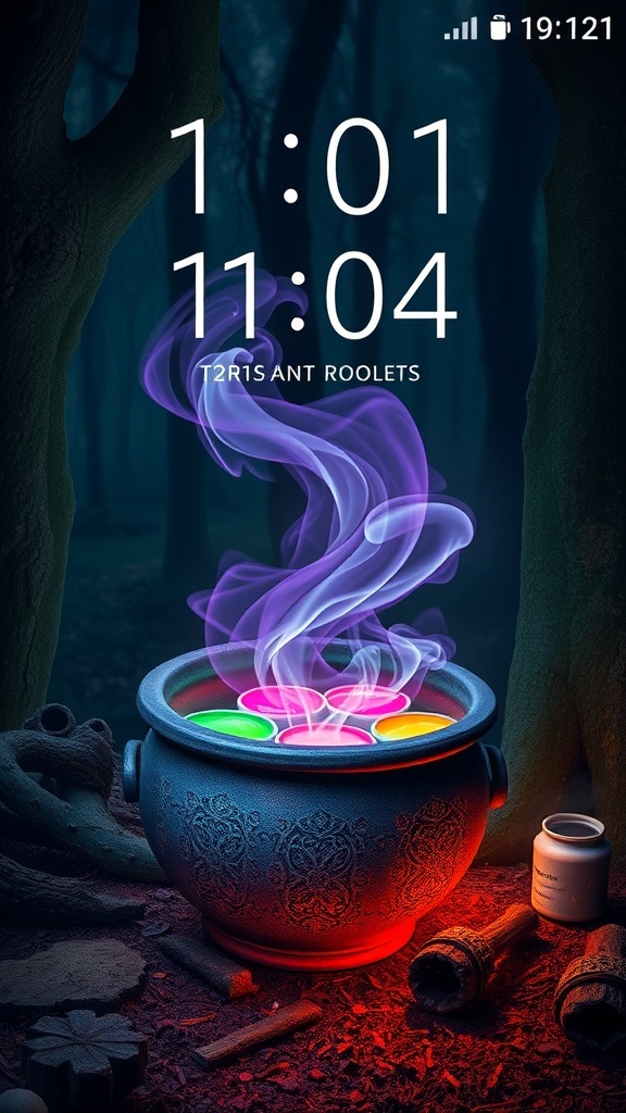A witch's cauldron bubbling with colorful potions in a dark forest
