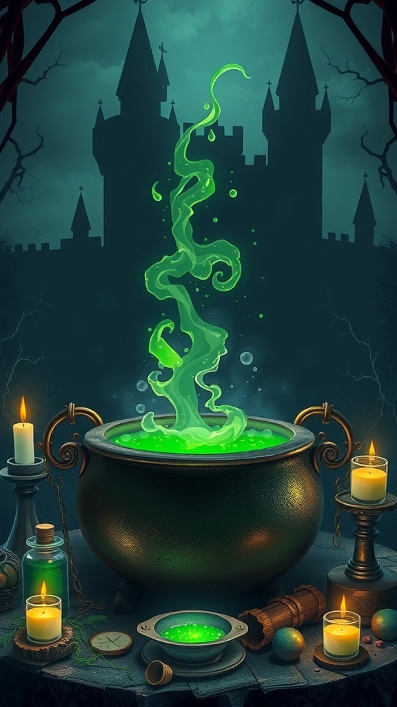 A bubbling green potion in a cauldron with candles and a castle silhouette in the background.