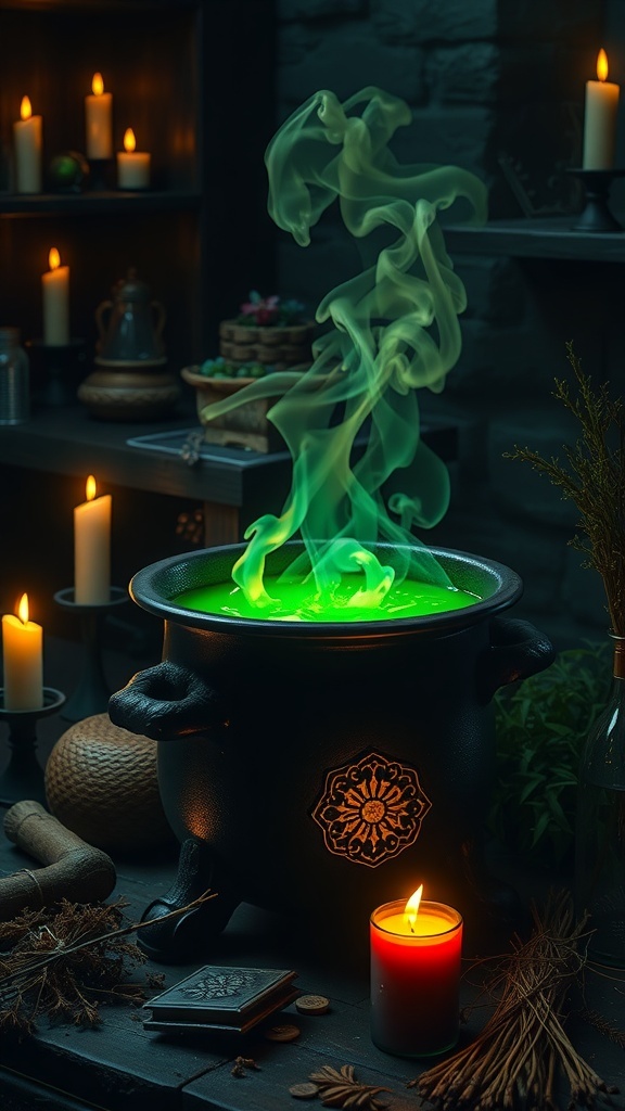 A bubbling cauldron with green potion, surrounded by candles and mystical items.