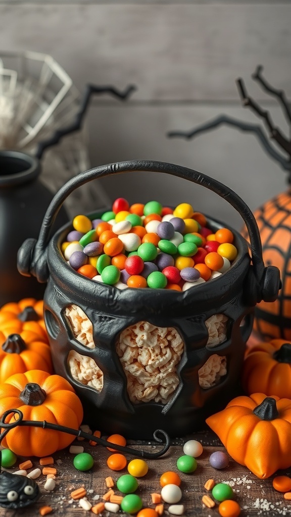 A black cauldron filled with colorful candies, surrounded by small pumpkins and Halloween decorations.