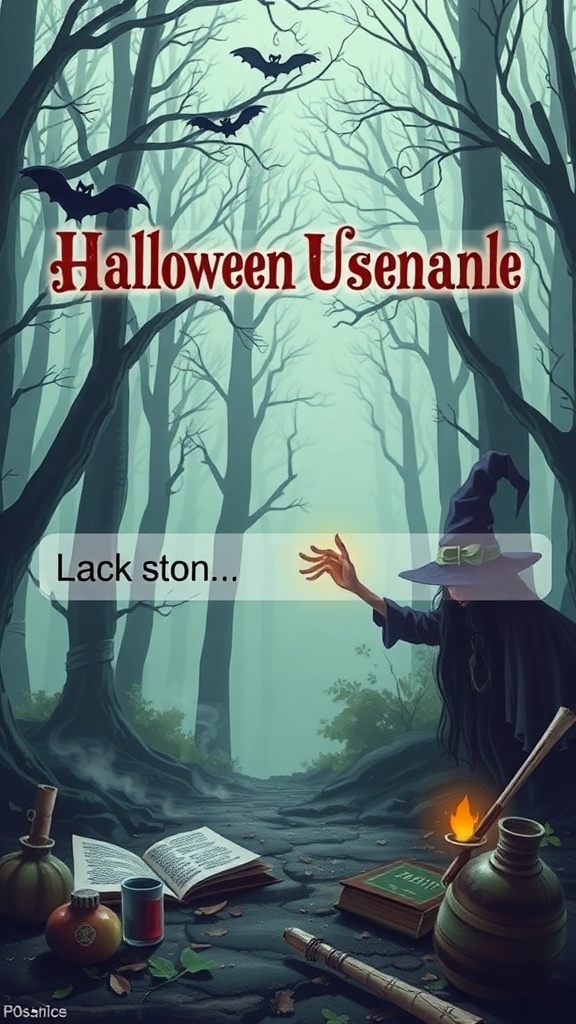 A witch in a forest with potions and spellbooks, representing Halloween themes.