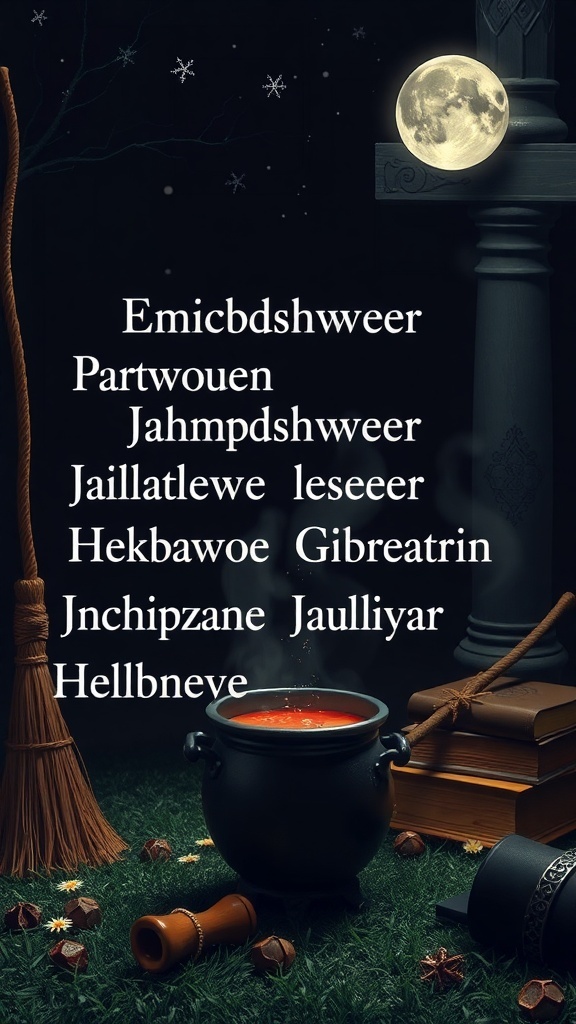 A collection of witchy and magical usernames displayed against a dark, mystical background with a cauldron and broomstick.