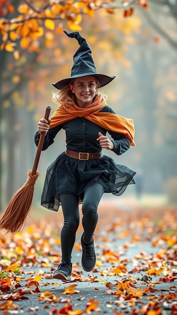 A young girl dressed as a witch running with a broomstick in a park filled with autumn leaves.