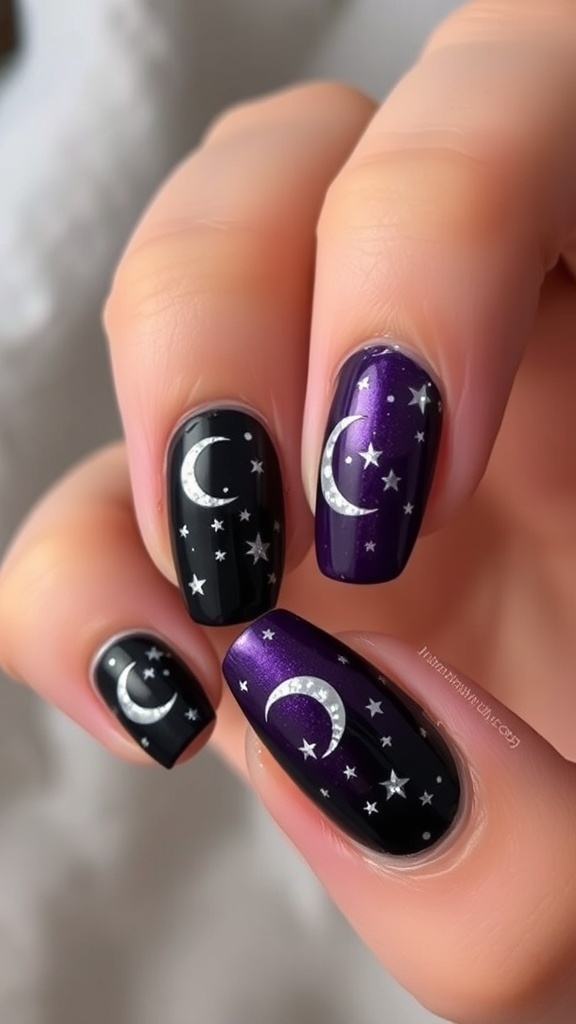 Nail design featuring black and purple colors with silver moons and stars.