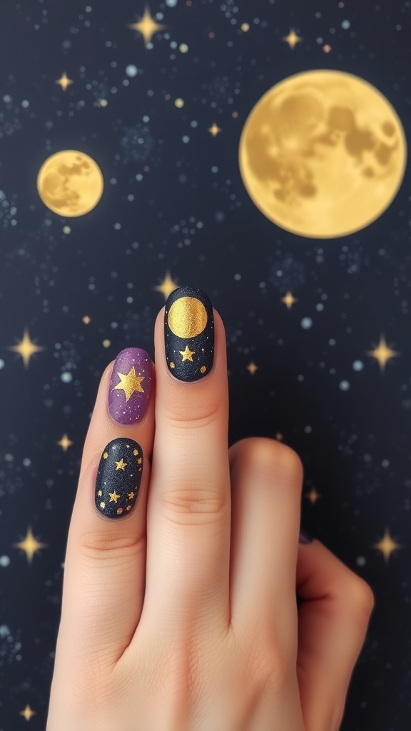 Nail design featuring a moon and stars on a dark background