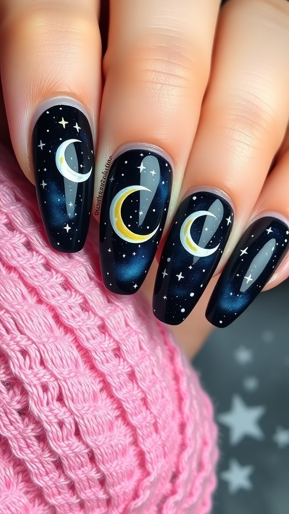 A set of Halloween-themed acrylic nails featuring a dark background with moon and star designs.