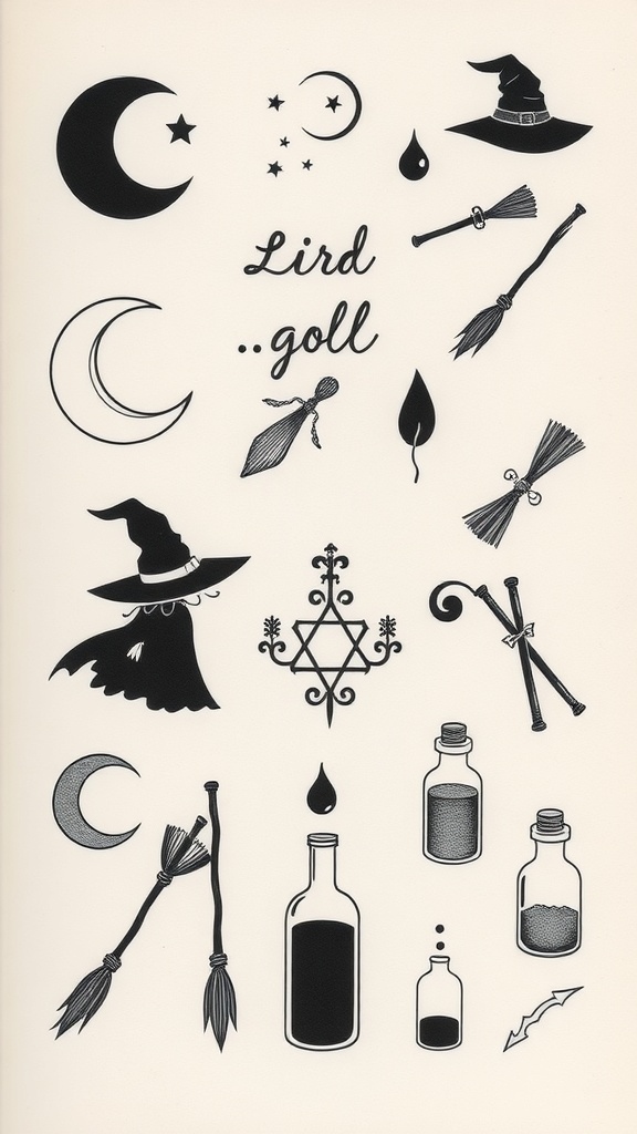 A collection of witchy symbols and icons for Halloween flash tattoos, including witches' hats, brooms, moons, and potion bottles.