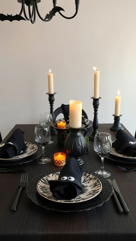 A Halloween-themed table setting with black plates, ghost napkins, candles, and bat decorations.
