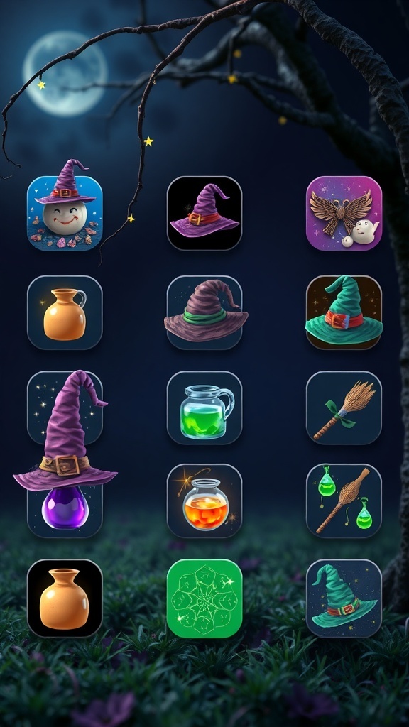 A collection of witch-themed app icons featuring colorful hats, potions, and magical elements against a moonlit background.