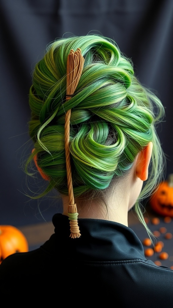 A stylish witch-inspired updo with green hair and a broomstick accent.