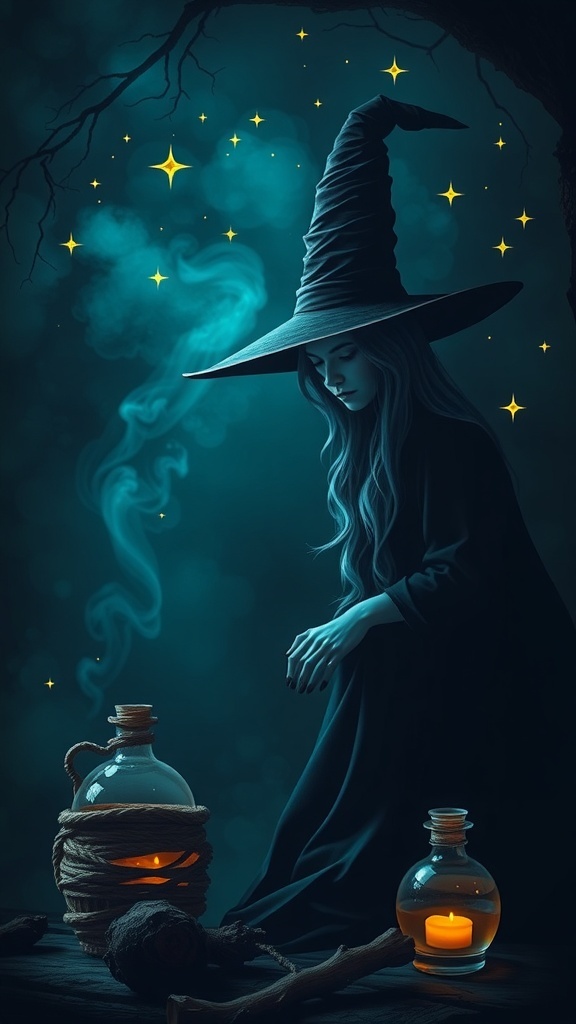 A witch in a black robe and pointed hat surrounded by glowing bottles and smoke, set against a starry blue background.