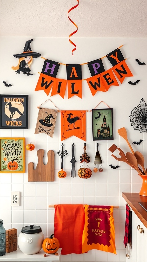 A Halloween-themed kitchen wall with witchy decorations and a colorful banner.