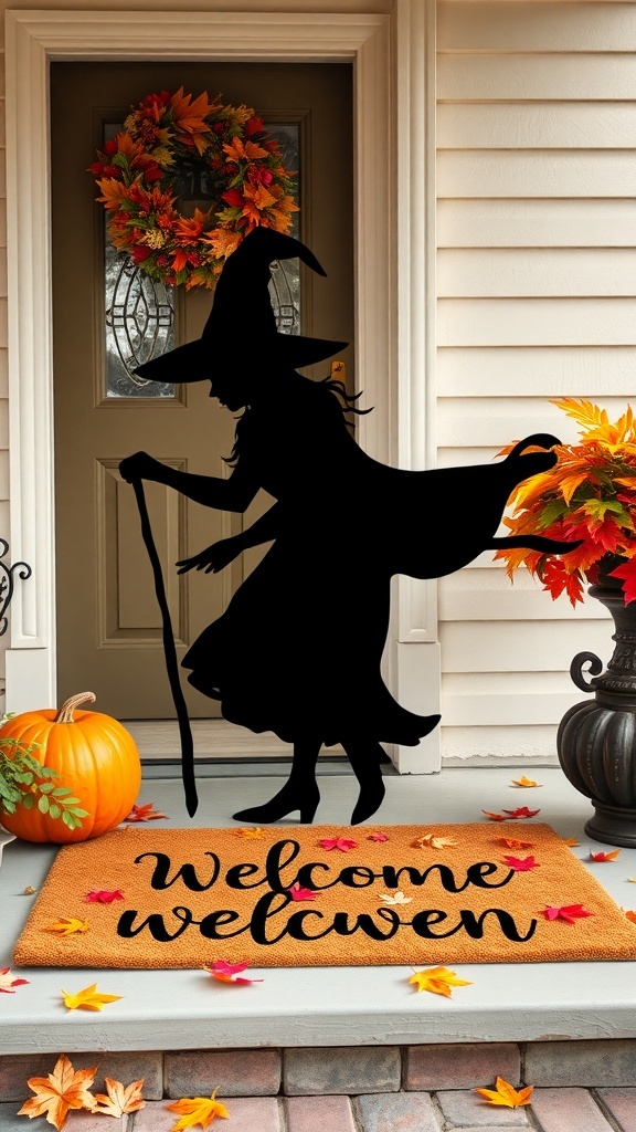 A Halloween-themed welcome mat featuring a silhouette of a witch, surrounded by autumn leaves and a pumpkin.