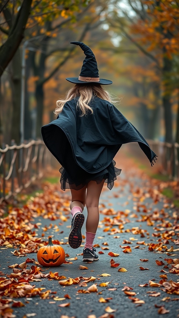 A young witch in a black cape and hat running down a path covered in autumn leaves, holding a pumpkin.