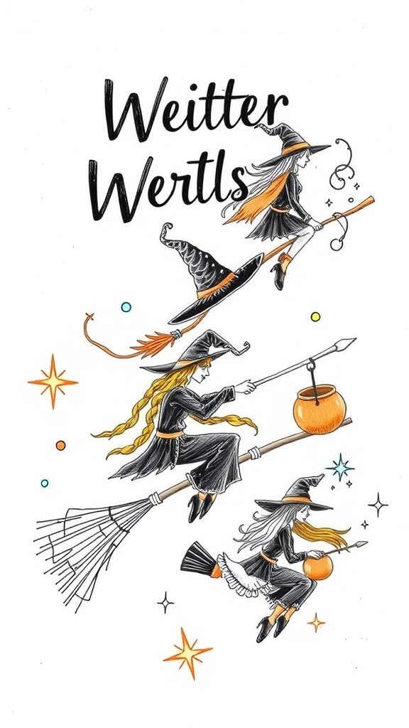 Three whimsical witches flying on brooms with stars and a cauldron