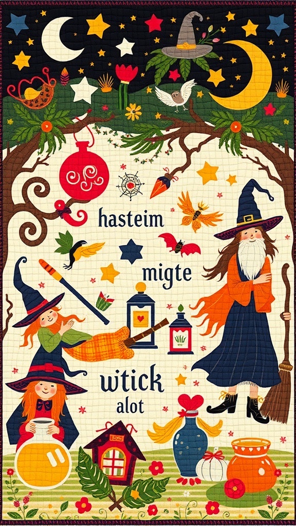 A colorful Halloween quilt panel featuring witches, potions, and magical symbols.