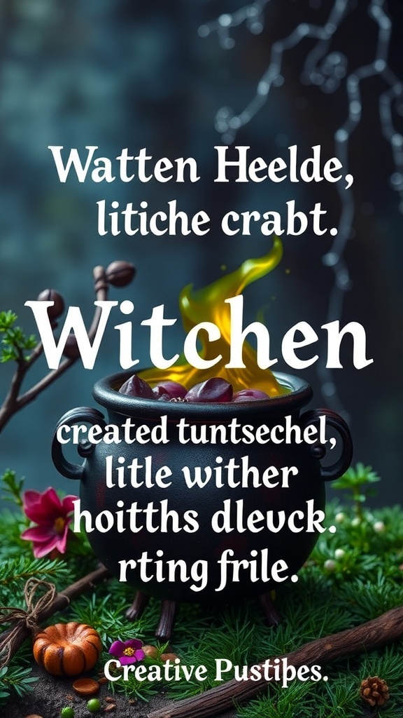 A bubbling cauldron surrounded by autumn decorations, with text about witchy usernames.