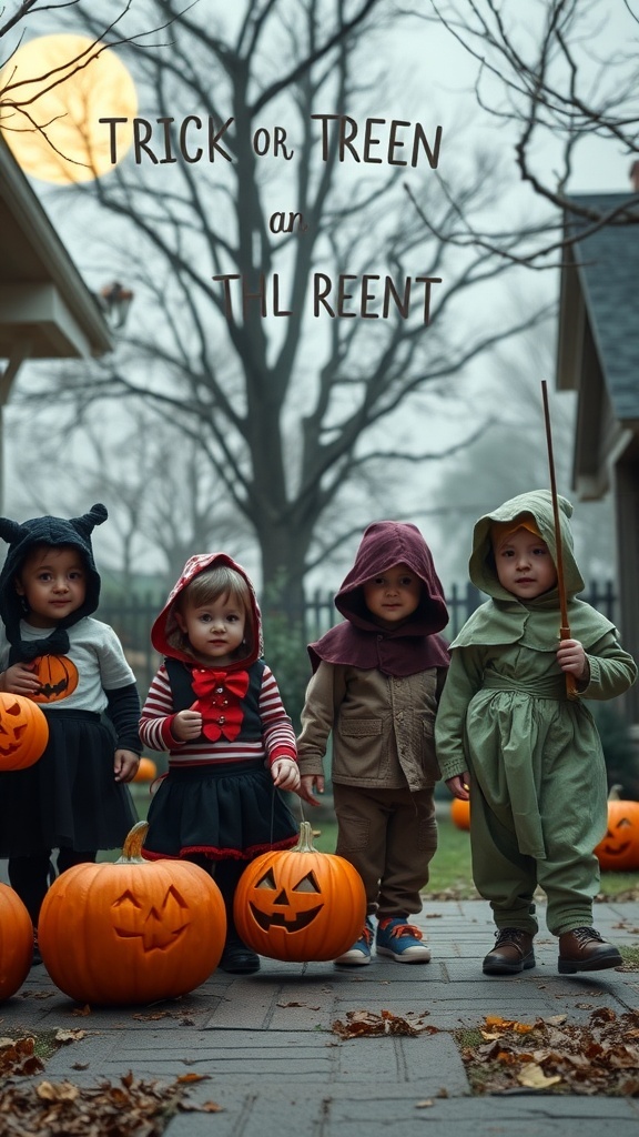 A group of children in Halloween costumes holding pumpkins, ready for trick-or-treating.