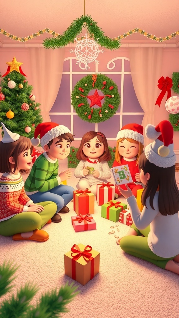 A group of friends celebrating Christmas in a cozy room with decorations, gifts, and festive outfits.