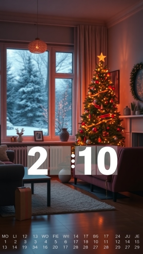 Cozy room with a Christmas tree, snow outside, and the time displayed as 2:10.