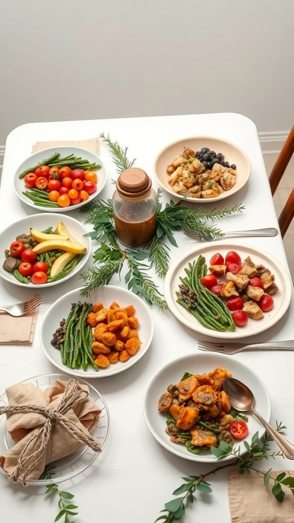 A festive table setting with various colorful dishes, including roasted vegetables, salads, and a jar of dressing, arranged with greenery for a zero waste holiday meal.