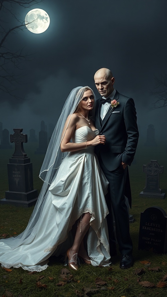A zombie bride and groom standing in a graveyard under a full moon.