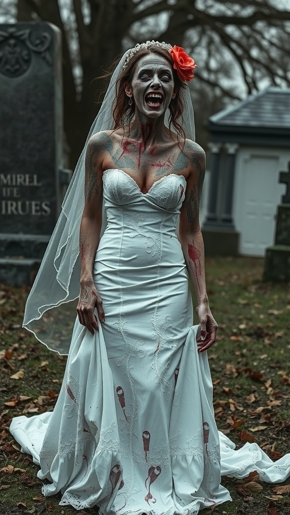 A zombie bride in a white wedding dress with blood splatters, standing in a graveyard.