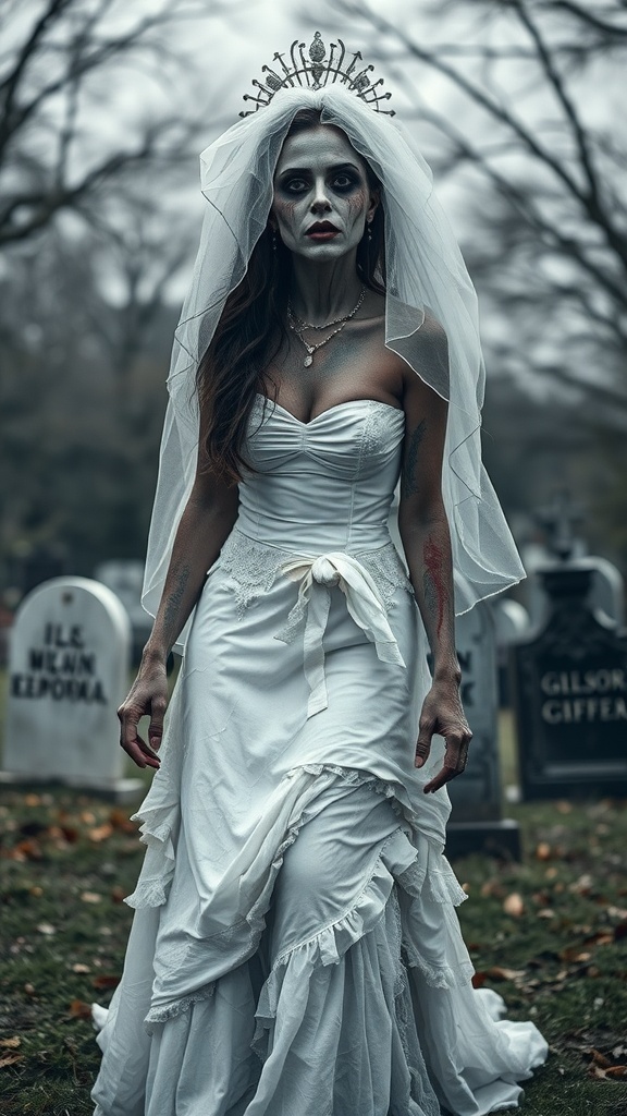 A woman dressed as a zombie bride in a tattered white gown and veil, standing in a graveyard.