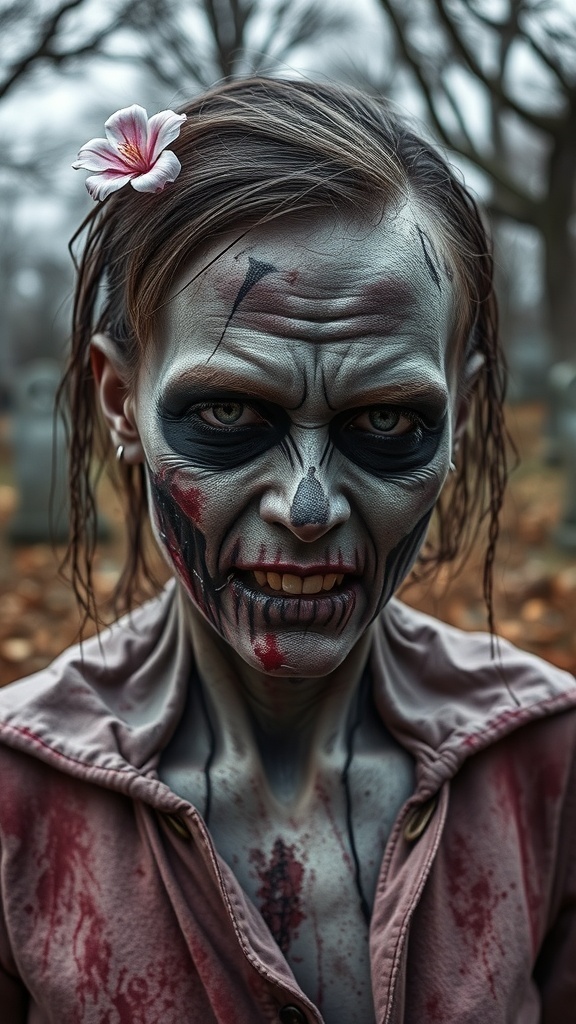 A person with a zombified beauty look featuring gray and blue face paint, dark eye makeup, and a flower in their hair.