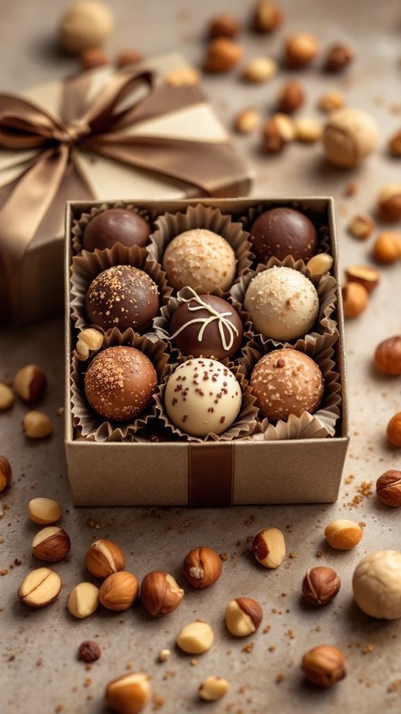 Caja de bombones con variedad de chocolates y avellanas
