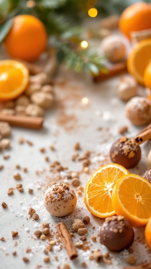 Trufas de naranja y canela con naranjas frescas y canela en rama