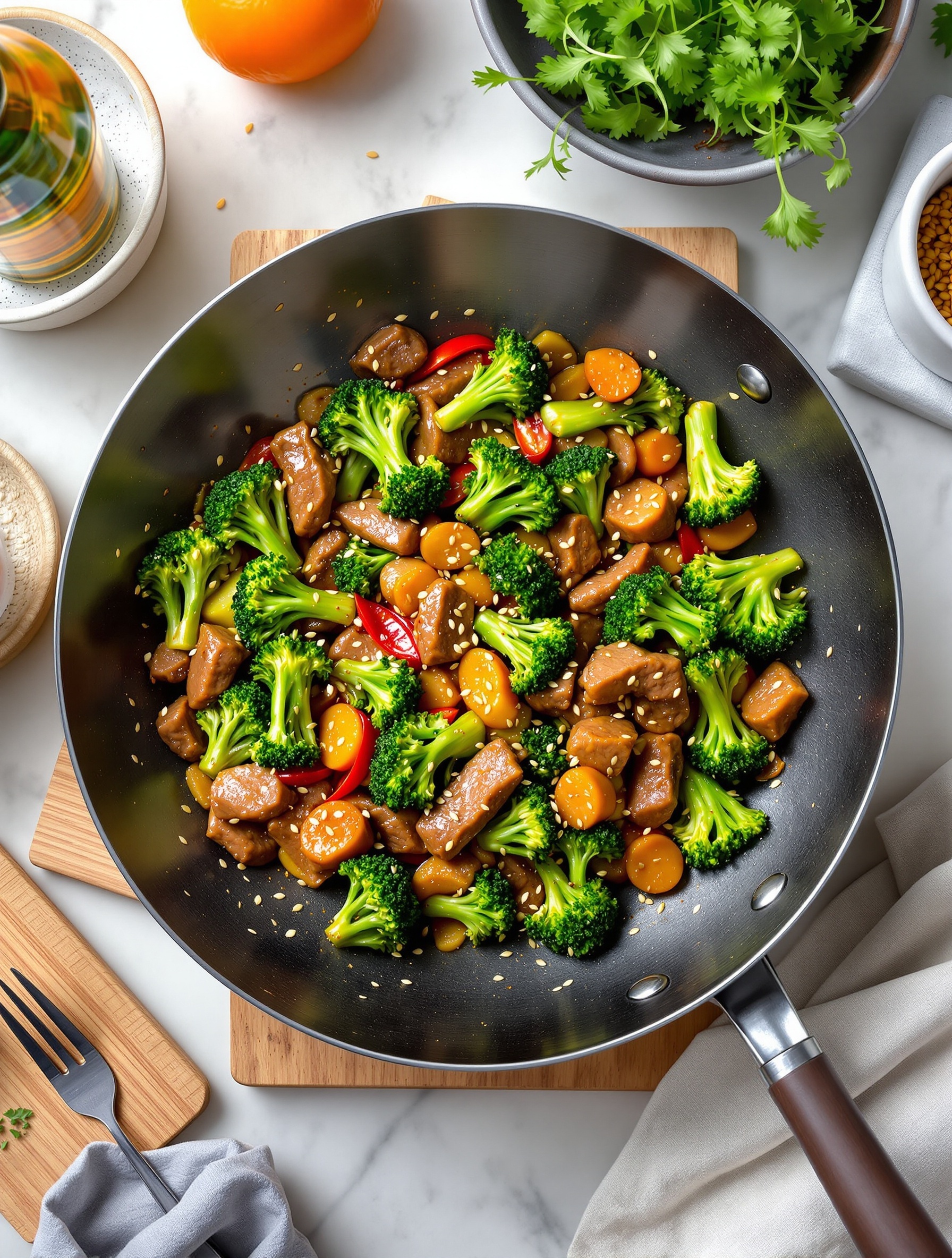 A colorful beef stir-fry with broccoli, carrots, and bell peppers in a black wok, garnished with sesame seeds.