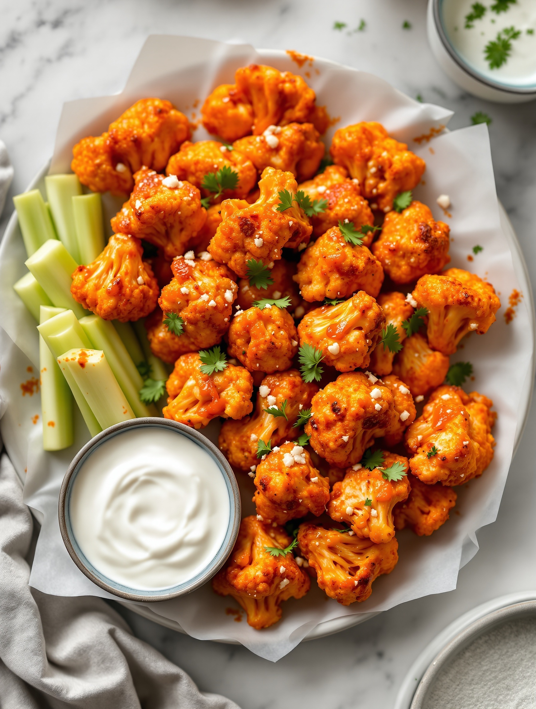 A platter of Air Fryer Cauliflower Buffalo Bites with celery sticks and a creamy dip
